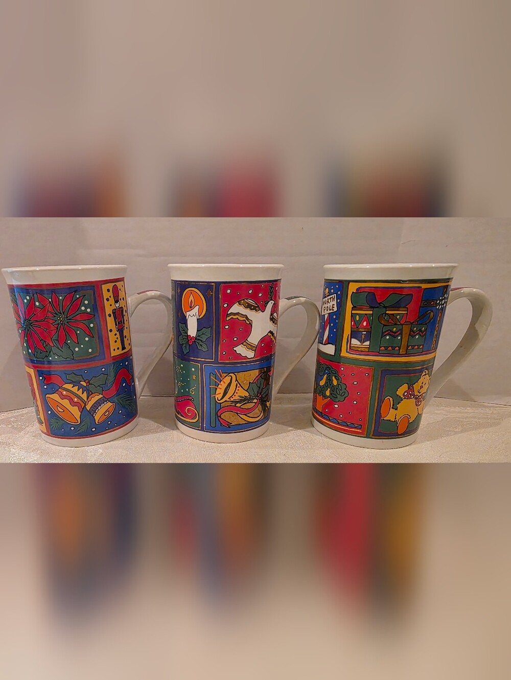 Christmas Fire Works Stoneware Set of 3 Festive Holiday Mugs Limited Edition '97